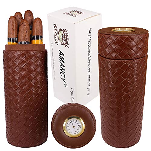 FIREFOG Smoking Cigar Box Genuine Leather Travel Cigar Humidor Case  Portable Cigar Pouch (Holds 5-6 COHIBA Cuban Cigars,Black) 