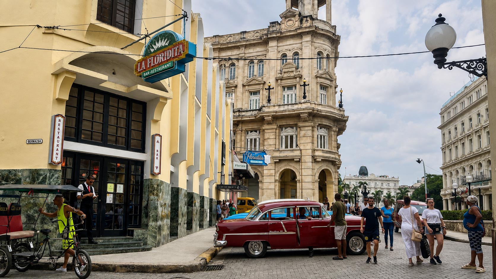 A classic American car outside El Floridita in Old Havana
